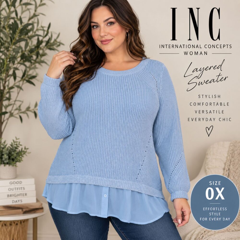 INC International Concepts 0X Blue Layered Chiffon Hem Wool Blend Knit Sweater